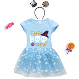 Halloween Toddler Girl 2PCS Cosplay The Boo Crew Skulls Short Sleeve Tutu Dresses with Headband Dress Up