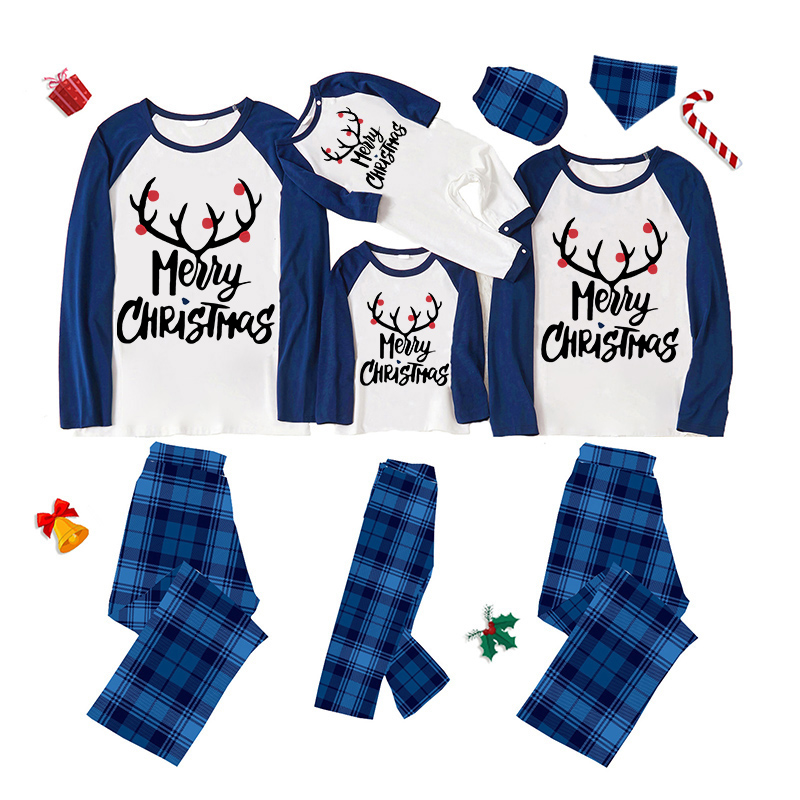 Christmas Matching Family Pajamas Exclusive Design Black Reindeer Head Bear Blue Pajamas Set