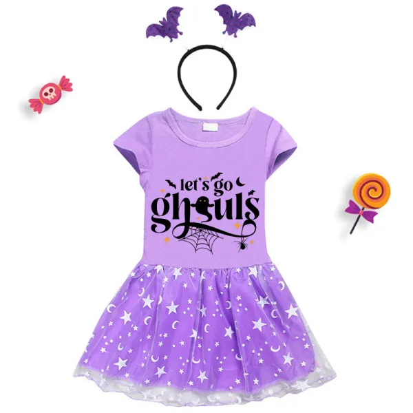 Halloween Toddler Girl 2PCS Cosplay Let's Go Ghouls Short Sleeve Tutu Dresses with Headband Dress Up