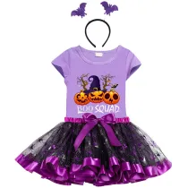 Halloween Toddler Girl 3PCS Cosplay Boo Squad Witch Hat Pumpkins T-shirt Tutu Dresses Sets with Headband Dress Up
