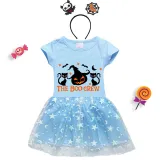 Halloween Toddler Girl 2PCS Cosplay Boo Crew Cats Pumpkin Short Sleeve Tutu Dresses with Headband Dress Up
