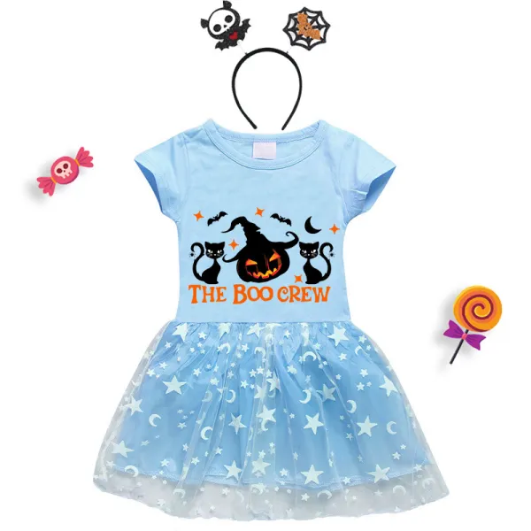 Halloween Toddler Girl 2PCS Cosplay Boo Crew Cats Pumpkin Short Sleeve Tutu Dresses with Headband Dress Up