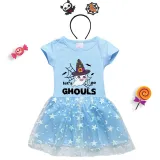 Halloween Toddler Girl 2PCS Cosplay Let's Go Ghouls Ghost Short Sleeve Tutu Dresses with Headband Dress Up