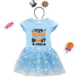 Halloween Toddler Girl 2PCS Cosplay Thick Thighs And Spooky Vibes Pumpkin Short Sleeve Tutu Dresses with Headband Dress Up