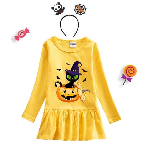 Halloween Toddler Girl 2PCS Cosplay Cat And Pumpkin Long Sleeve Tutu Dresses with Headband Dress Up