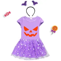 Halloween Toddler Girl 2PCS Cosplay Pumpkin Ghostface Short Sleeve Tutu Dresses with Headband Dress Up