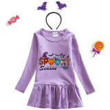 Halloween Toddler Girl 2PCS Cosplay It's Spooky Season Word Art Long Sleeve Tutu Dresses with Headband Dress Up