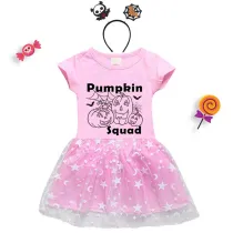Halloween Toddler Girl 2PCS Cosplay Pumpkin Squad Short Sleeve Tutu Dresses with Headband Dress Up