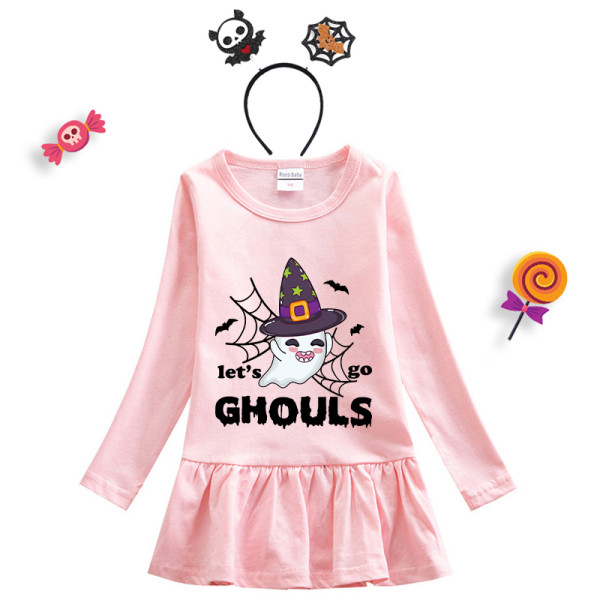 Halloween Toddler Girl 2PCS Cosplay Let's Go Ghouls Ghost Long Sleeve Tutu Dresses with Headband Dress Up