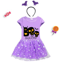 Halloween Toddler Girl 2PCS Cosplay Boo Squad Skulls Short Sleeve Tutu Dresses with Headband Dress Up