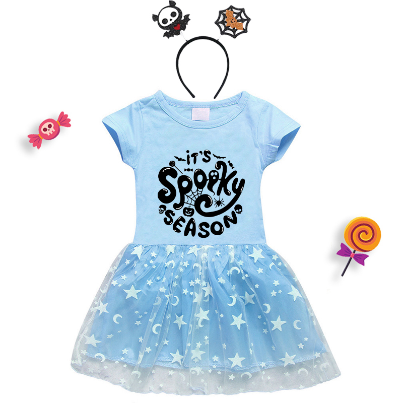 Halloween Toddler Girl 2PCS Cosplay It's Spooky Season Short Sleeve Tutu Dresses with Headband Dress Up
