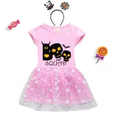 Halloween Toddler Girl 2PCS Cosplay Boo Squad Skulls Short Sleeve Tutu Dresses with Headband Dress Up