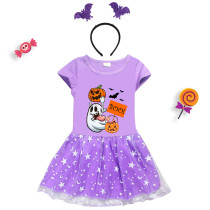 Halloween Toddler Girl 2PCS Cosplay Pumpkins Ghost Short Sleeve Tutu Dresses with Headband Dress Up