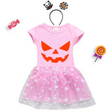 Halloween Toddler Girl 2PCS Cosplay Pumpkin Ghostface Short Sleeve Tutu Dresses with Headband Dress Up