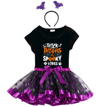 Halloween Toddler Girl 3PCS Cosplay Thick Thighs And Spooky Vibes Pumpkin T-shirt Tutu Dresses Sets with Headband Dress Up