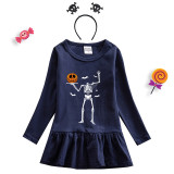Halloween Toddler Girl 2PCS Cosplay Skeleton Pumpkin Long Sleeve Tutu Dresses with Headband Dress Up