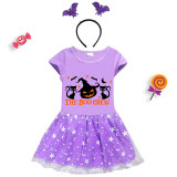 Halloween Toddler Girl 2PCS Cosplay Boo Crew Cats Pumpkin Short Sleeve Tutu Dresses with Headband Dress Up