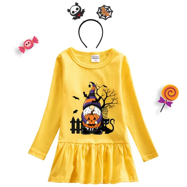 Halloween Toddler Girl 2PCS Cosplay Gnomies With Pumpkin Long Sleeve Tutu Dresses with Headband Dress Up