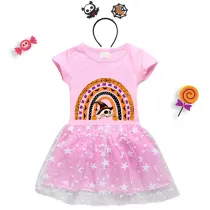 Halloween Toddler Girl 2PCS Cosplay Semi-circle Skull Short Sleeve Tutu Dresses with Headband Dress Up