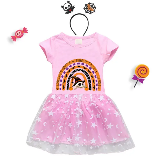 Halloween Toddler Girl 2PCS Cosplay Semi-circle Skull Short Sleeve Tutu Dresses with Headband Dress Up