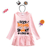 Halloween Toddler Girl 2PCS Cosplay Thick Thighs And Spooky Vibes Pumpkin Long Sleeve Tutu Dresses with Headband Dress Up