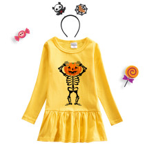 Halloween Toddler Girl 2PCS Cosplay Skeleton Happy Face Pumpkin Long Sleeve Tutu Dresses with Headband Dress Up