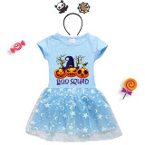 Halloween Toddler Girl 2PCS Cosplay Boo Squad Witch Hat Pumpkins Short Sleeve Tutu Dresses with Headband Dress Up