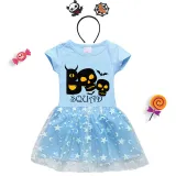 Halloween Toddler Girl 2PCS Cosplay Boo Squad Skulls Short Sleeve Tutu Dresses with Headband Dress Up