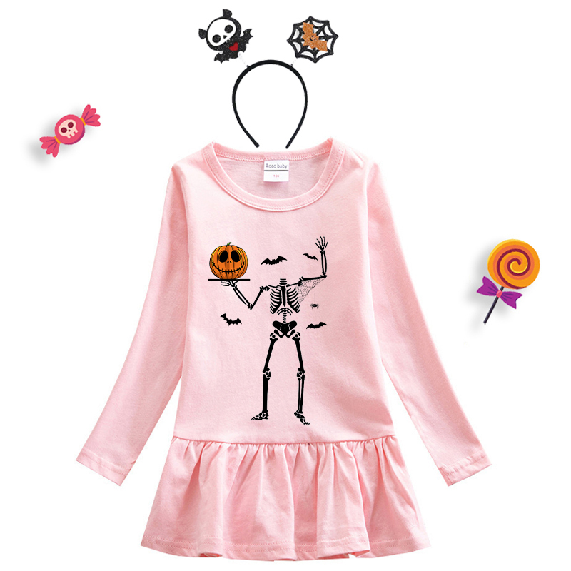 Halloween Toddler Girl 2PCS Cosplay Skeleton Pumpkin Long Sleeve Tutu Dresses with Headband Dress Up