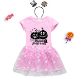 Halloween Toddler Girl 2PCS Cosplay Pumpkins Spider Web Short Sleeve Tutu Dresses with Headband Dress Up