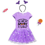 Halloween Toddler Girl 2PCS Cosplay Thick Thighs And Spooky Vibes Short Sleeve Tutu Dresses with Headband Dress Up