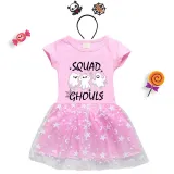 Halloween Toddler Girl 2PCS Cosplay Squad Ghouls T-shirt Short Sleeve Tutu Dresses with Headband Dress Up