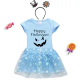Halloween Toddler Girl 2PCS Cosplay Pumpkin Ghost Face Short Sleeve Tutu Dresses with Headband Dress Up