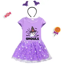 Halloween Toddler Girl 2PCS Cosplay Let's Go Ghouls Ghost Short Sleeve Tutu Dresses with Headband Dress Up