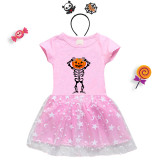 Halloween Toddler Girl 2PCS Cosplay Skeleton Happy Face Pumpkin Short Sleeve Tutu Dresses with Headband Dress Up