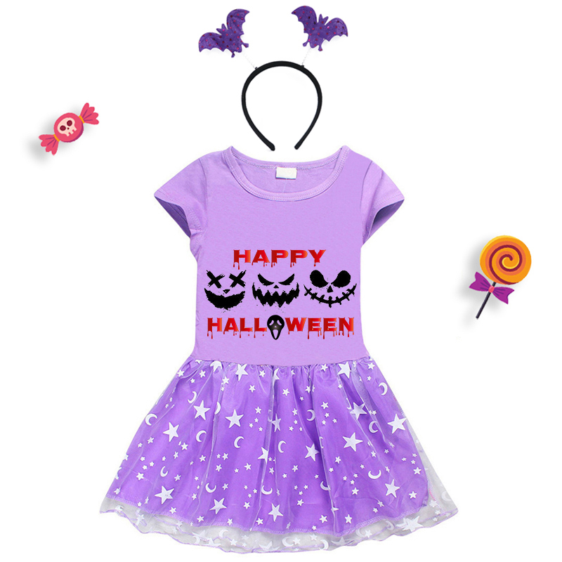 Halloween Toddler Girl 2PCS Cosplay Ghost Faces Short Sleeve Tutu Dresses with Headband Dress Up