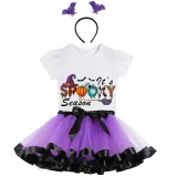 Halloween Toddler Girl 3PCS Cosplay It's Spooky Season Word Art T-shirt Tutu Dresses Sets with Headband Dress Up