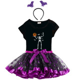 Halloween Toddler Girl 3PCS Cosplay Skeleton Pumpkin T-shirt Tutu Dresses Sets with Headband Dress Up
