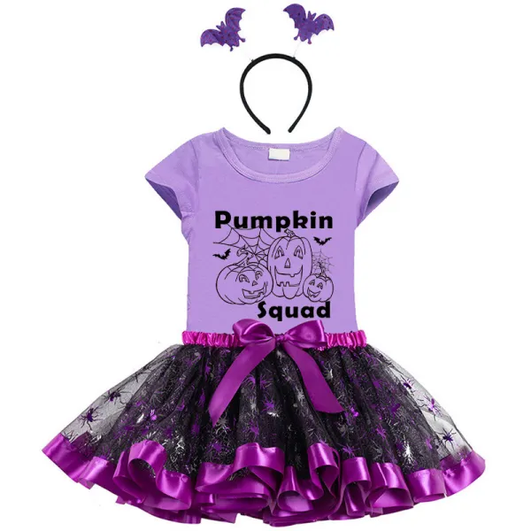 Halloween Toddler Girl 3PCS Cosplay Pumpkin Squad T-shirt Tutu Dresses Sets with Headband Dress Up