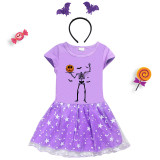 Halloween Toddler Girl 2PCS Cosplay Skeleton Pumpkin Short Sleeve Tutu Dresses with Headband Dress Up
