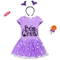 Halloween Toddler Girl 2PCS Cosplay Boo Crew Spider Web Short Sleeve Tutu Dresses with Headband Dress Up