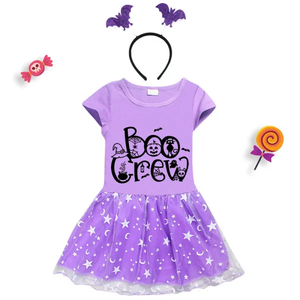Halloween Toddler Girl 2PCS Cosplay Boo Crew Spider Web Short Sleeve Tutu Dresses with Headband Dress Up