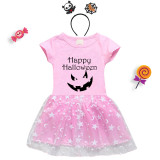 Halloween Toddler Girl 2PCS Cosplay Pumpkin Ghost Face Short Sleeve Tutu Dresses with Headband Dress Up