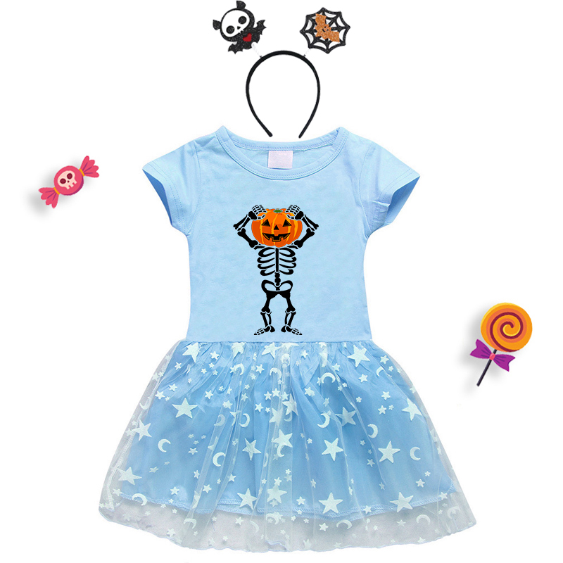 Halloween Toddler Girl 2PCS Cosplay Skeleton Happy Face Pumpkin Short Sleeve Tutu Dresses with Headband Dress Up