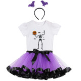 Halloween Toddler Girl 3PCS Cosplay Skeleton Pumpkin T-shirt Tutu Dresses Sets with Headband Dress Up