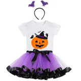 Halloween Toddler Girl 3PCS Cosplay Witch Hat Pumpkin Ghosts T-shirt Tutu Dresses Sets with Headband Dress Up