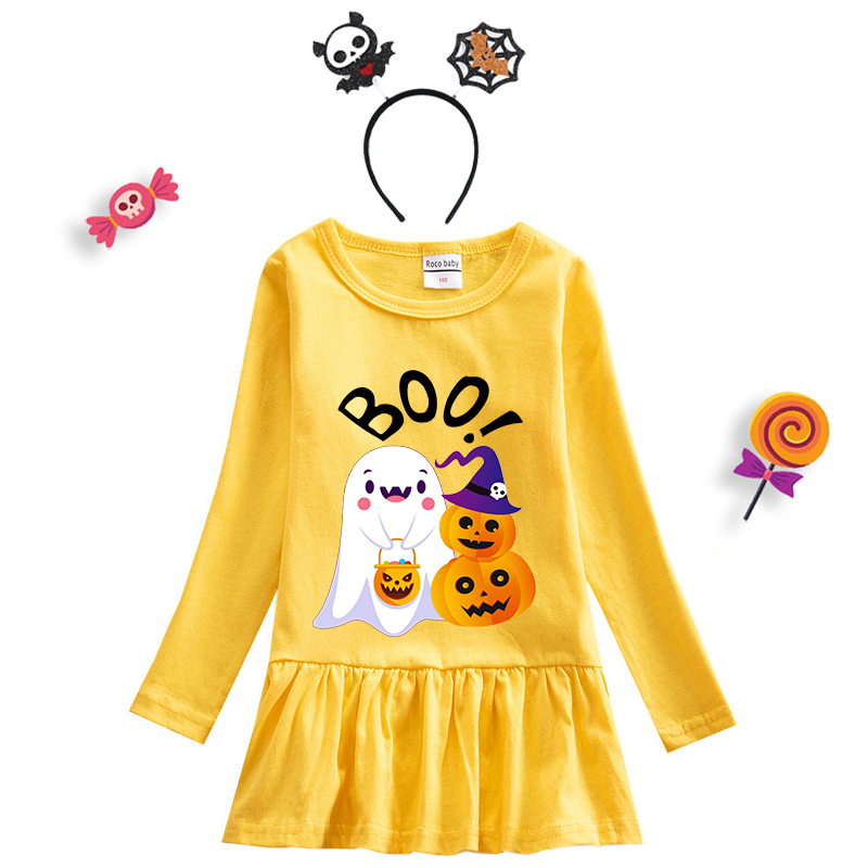 Halloween Toddler Girl 2PCS Cosplay Boo Ghost And Pumpkin Long Sleeve Tutu Dresses with Headband Dress Up