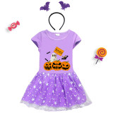 Halloween Toddler Girl 2PCS Cosplay Pumpkins Ghost Boo Short Sleeve Tutu Dresses with Headband Dress Up