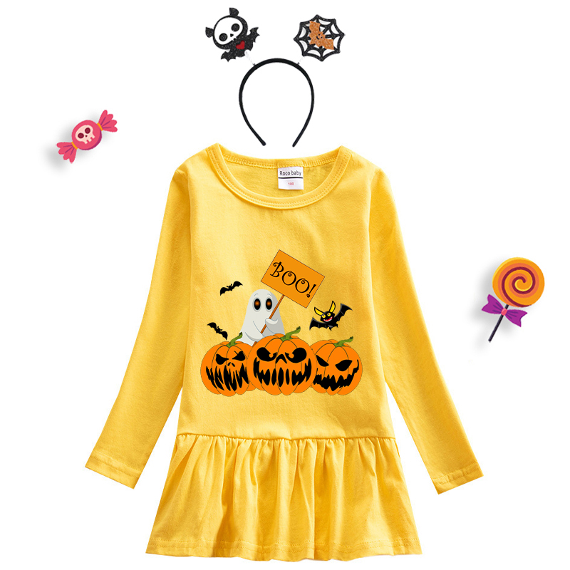 Halloween Toddler Girl 2PCS Cosplay Pumpkins Ghost Boo Long Sleeve Tutu Dresses with Headband Dress Up