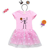 Halloween Toddler Girl 2PCS Cosplay Skeleton Pumpkin Short Sleeve Tutu Dresses with Headband Dress Up